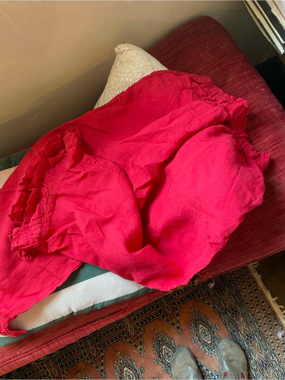 Linen Red Pants Ruffle Hem - Picture 4 of 4